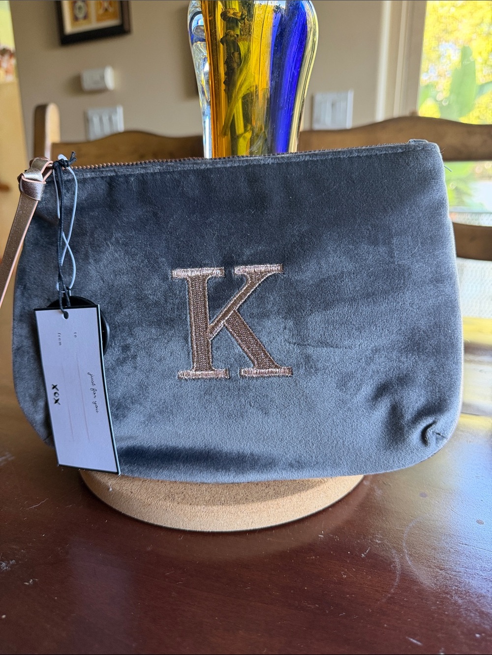 Monogrammed Velvet Cosmetic Pouch - GRAY with Gold “K” and gold trim